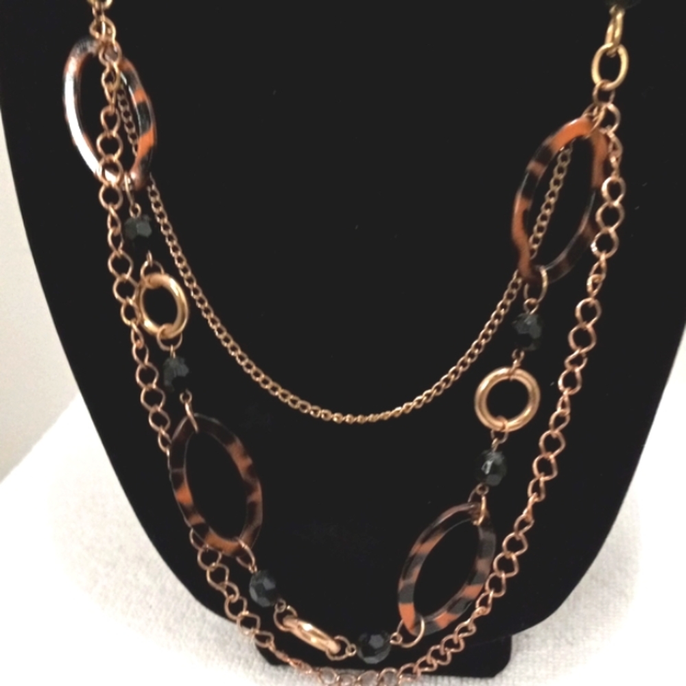 Tortoiseshell Ovals Gold Tone W/ Jet Black Beads, 16" drop Neckless